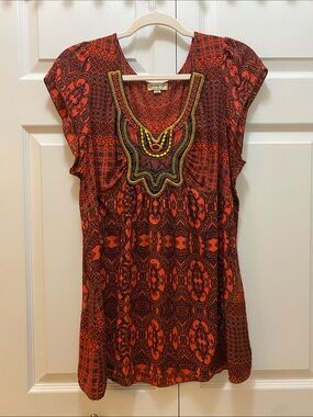One World Boho Embroidered Orange Patterned Top - Size Large
